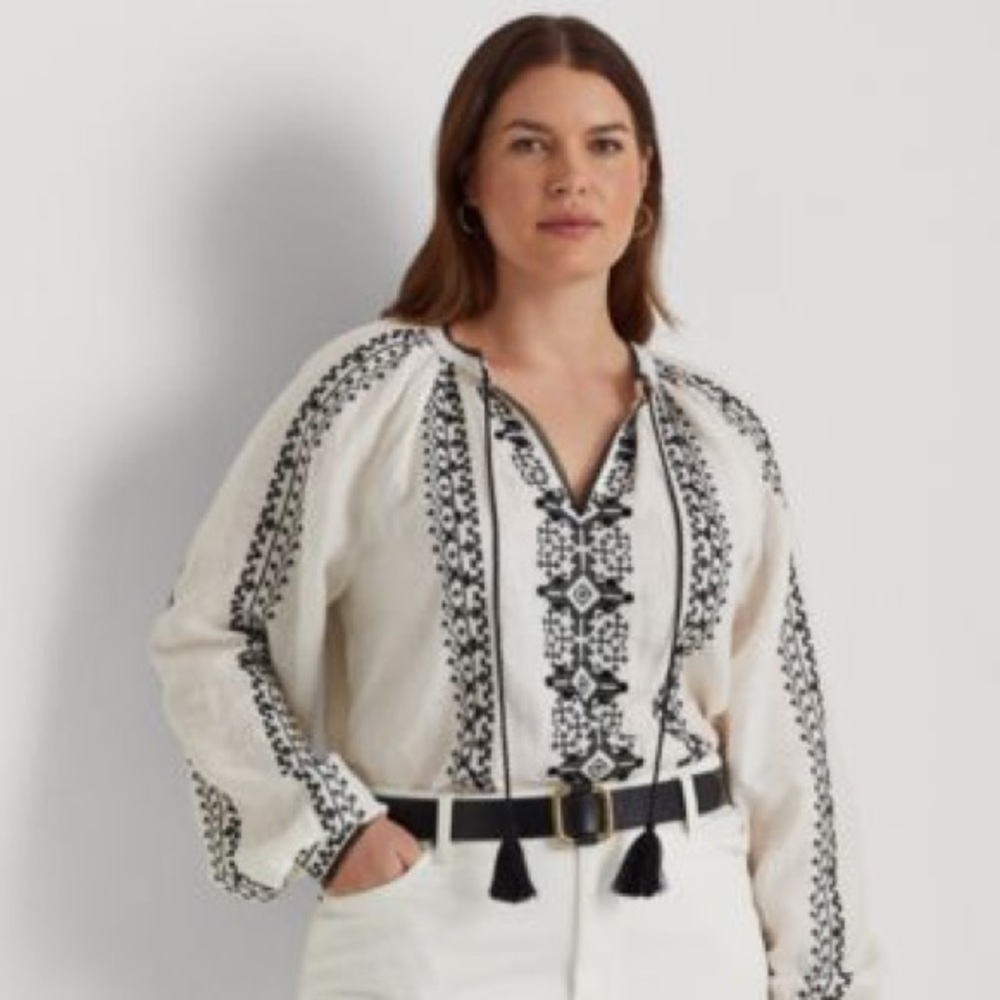NWT Ralph Lauren white embroidered linen long-sleeve peasant top, size 3x.